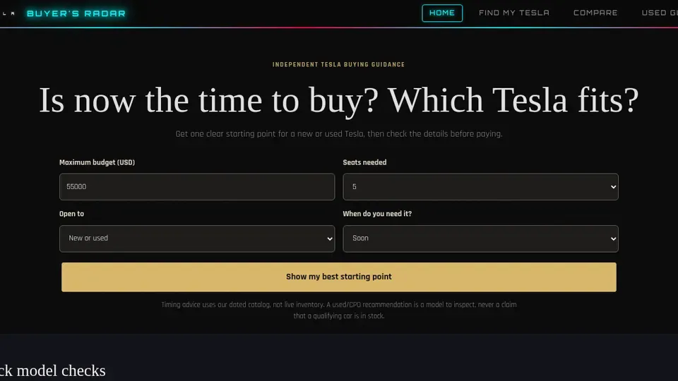 Screenshot of the Tesla Buyer's Radar home page